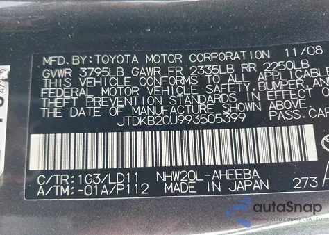 2009 Toyota Prius from USA, damaged, VIN JTDKB20U993505399